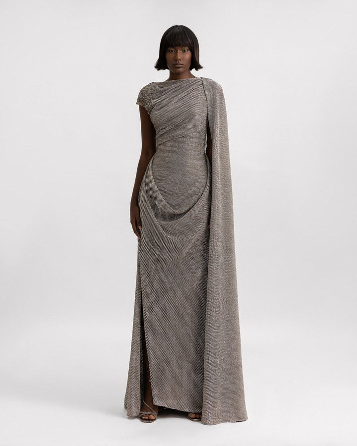 Asymmetrical Draped Beaded Shoulder Dress - Gemy Maalouf