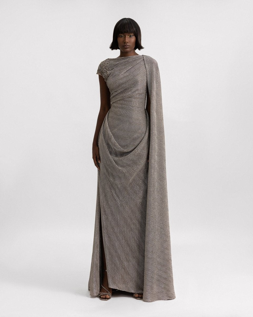Asymmetrical Draped Beaded Shoulder Dress - Gemy Maalouf