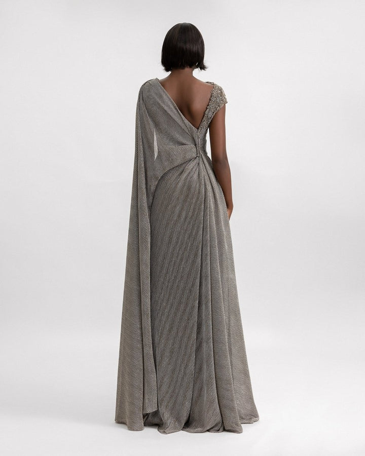 Asymmetrical Draped Beaded Shoulder Dress - Gemy Maalouf