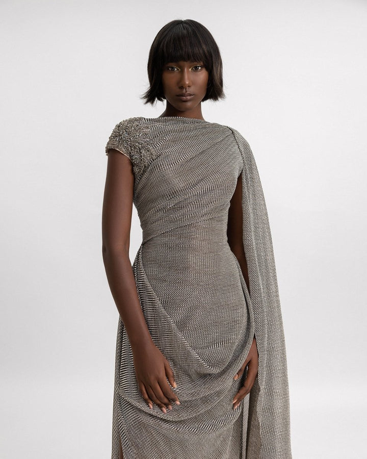Asymmetrical Draped Beaded Shoulder Dress - Gemy Maalouf