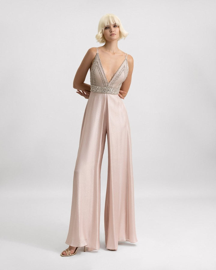 Beaded V - Neckline Jumpsuit - Gemy Maalouf