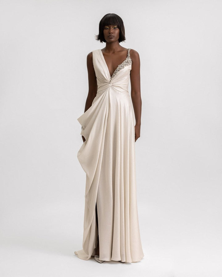 Asymmetrical Neckline Draped Dress - Gemy Maalouf