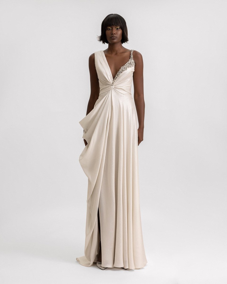 Asymmetrical Neckline Draped Dress - Gemy Maalouf