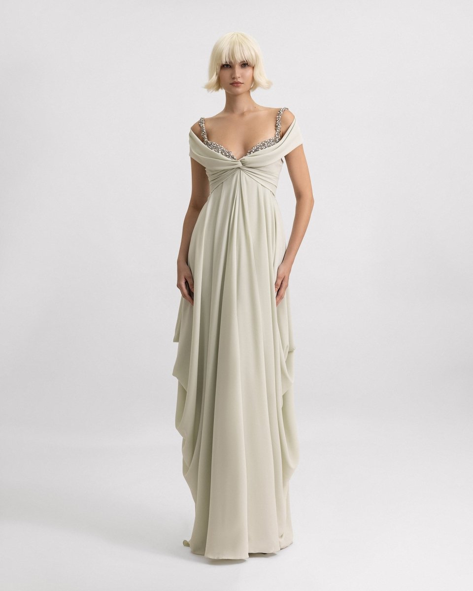 Beaded Neckline Long Dress - Gemy Maalouf