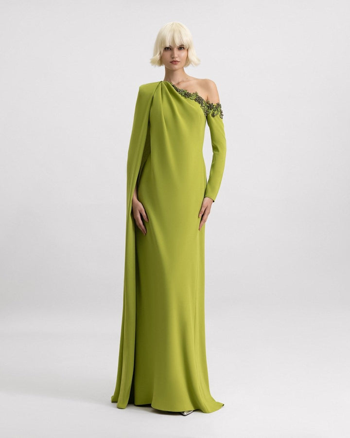 One - Shoulder Dress with Beaded Neckline - Gemy Maalouf