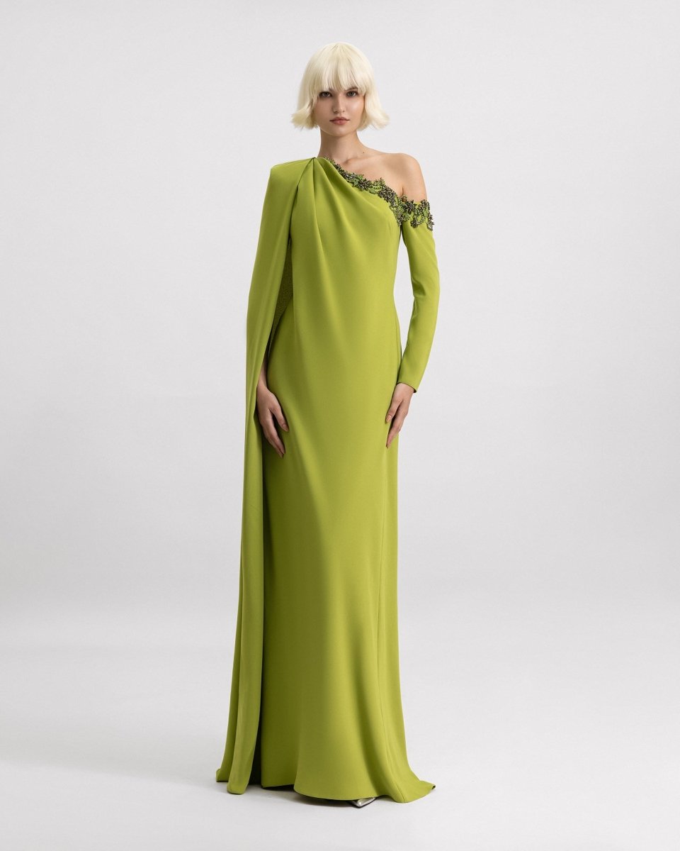 One - Shoulder Dress with Beaded Neckline - Gemy Maalouf