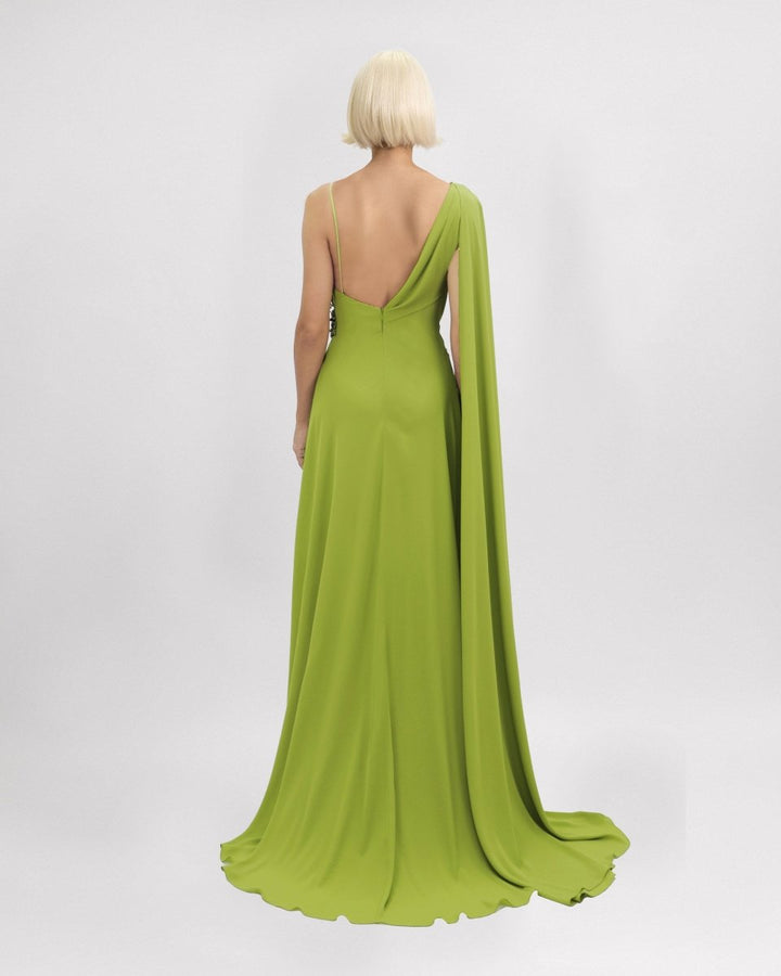 Cape - Like Sleeve Dress with Beaded Waistline - Gemy Maalouf