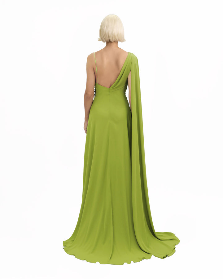 Cape-Like Sleeve Dress with Beaded Waistline