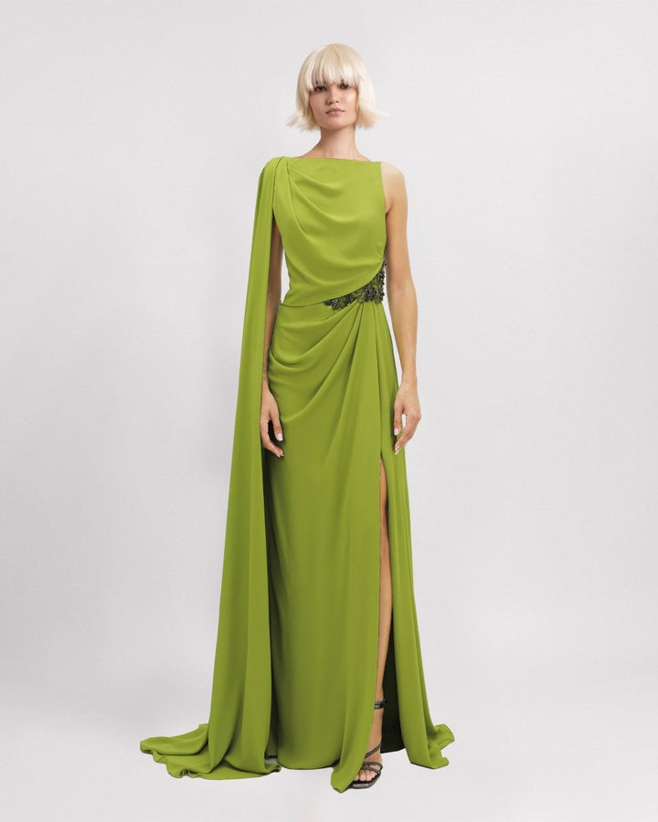 Cape - Like Sleeve Dress with Beaded Waistline - Gemy Maalouf