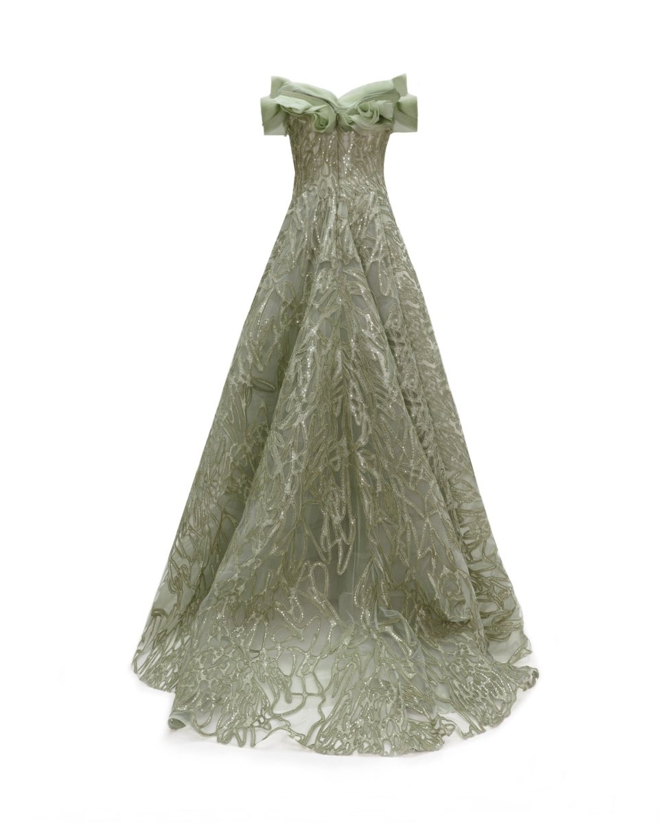 Draped Organza Neckline Dress - Gemy Maalouf