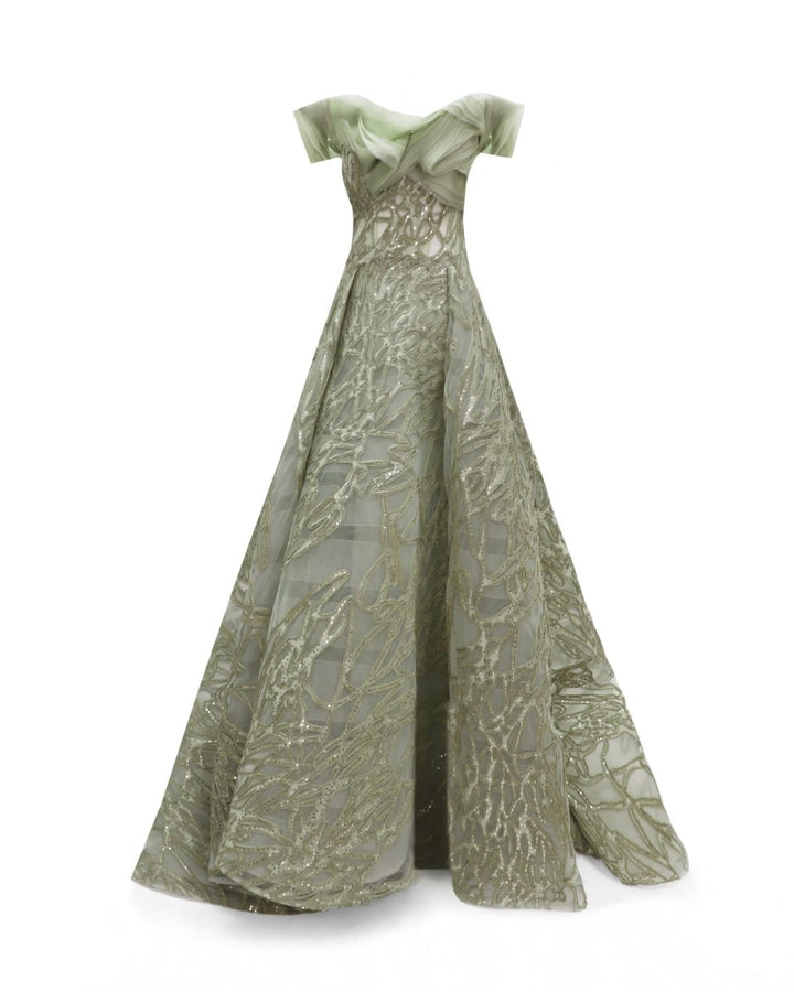 Draped Organza Neckline Dress - Gemy Maalouf