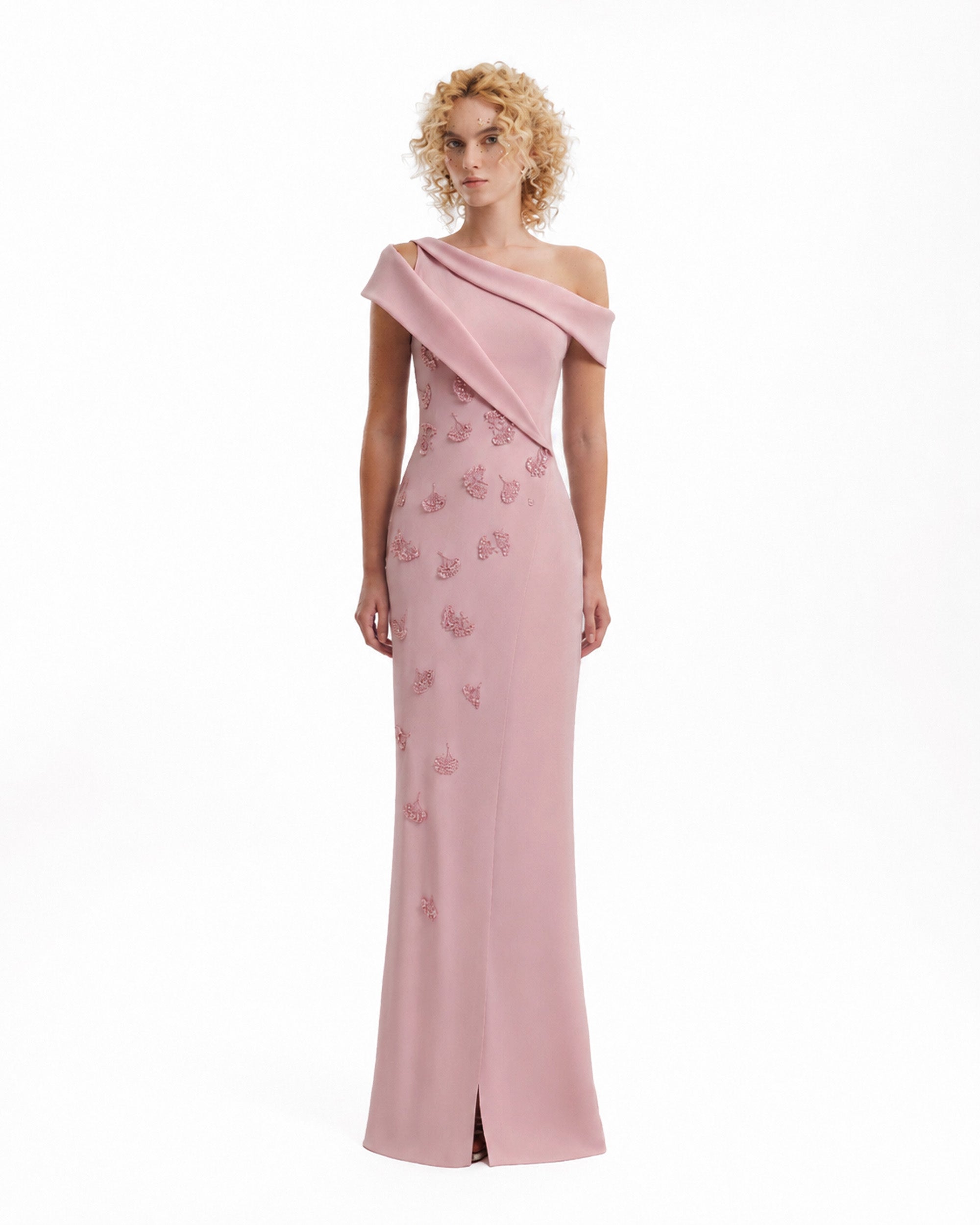 Folded Neck Asymmetrical Beaded Gown