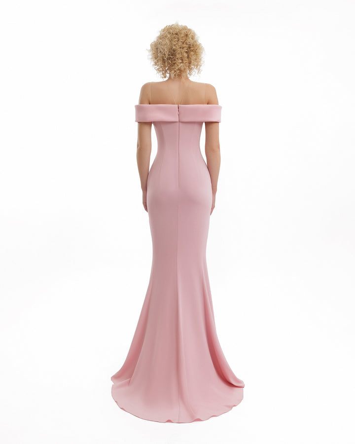 Pink off-shoulder gown on a white background