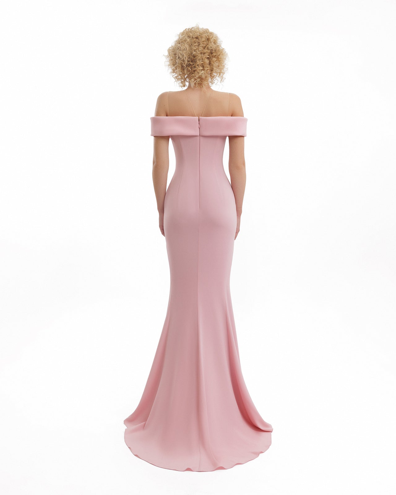 Pink off-shoulder gown on a white background