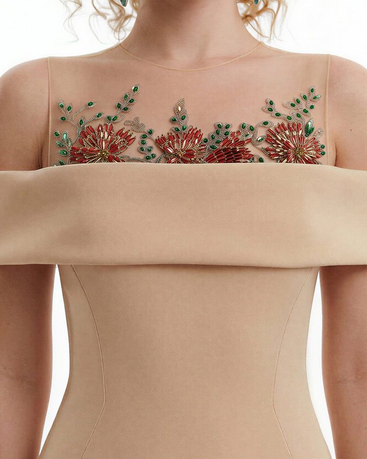 Floral Beaded Off-Shoulder Dress