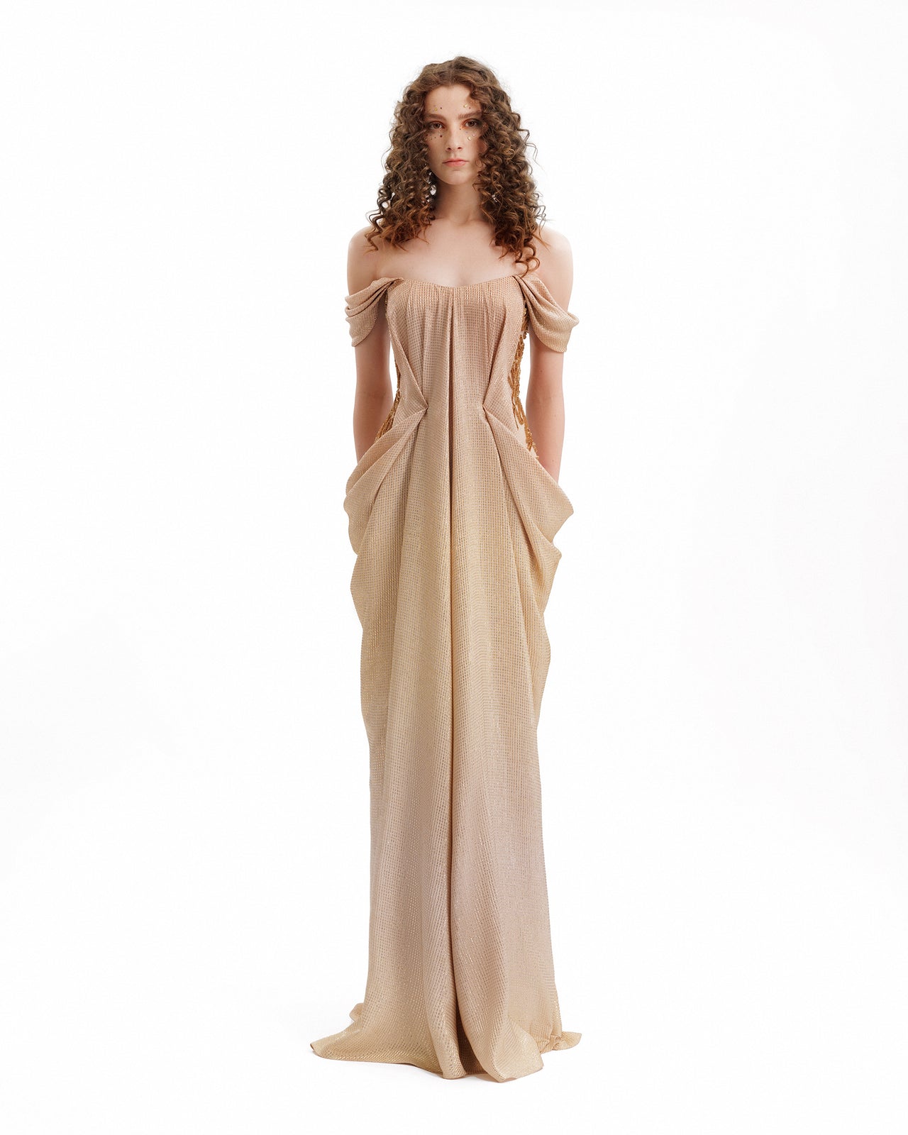 Beige evening gown on a white background