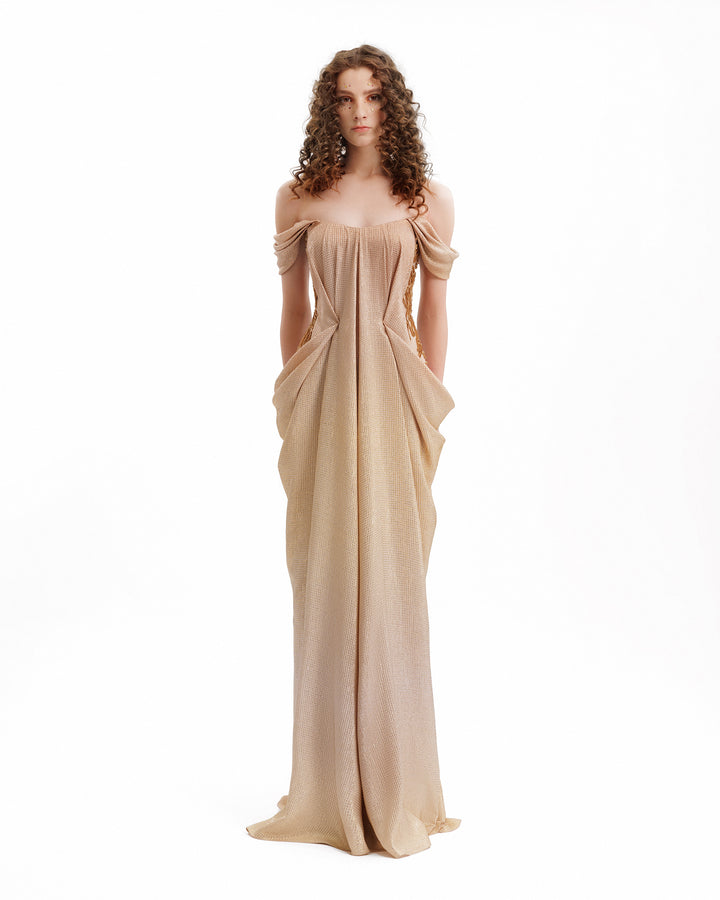 Beige evening gown on a white background