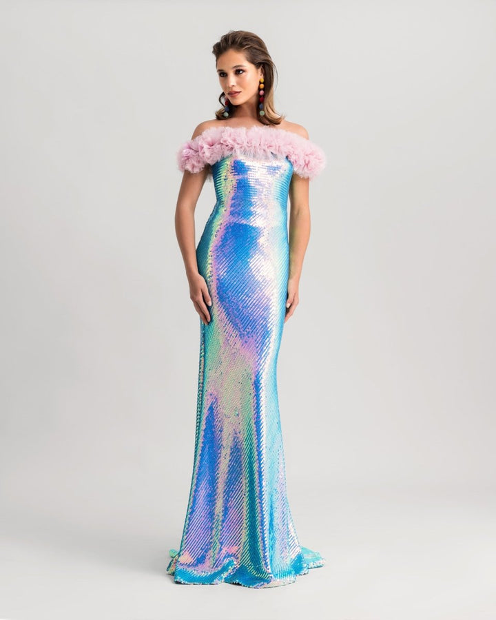Sequins Long Dress With Rushed Tulle - Gemy Maalouf