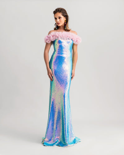 Sequins Long Dress With Rushed Tulle