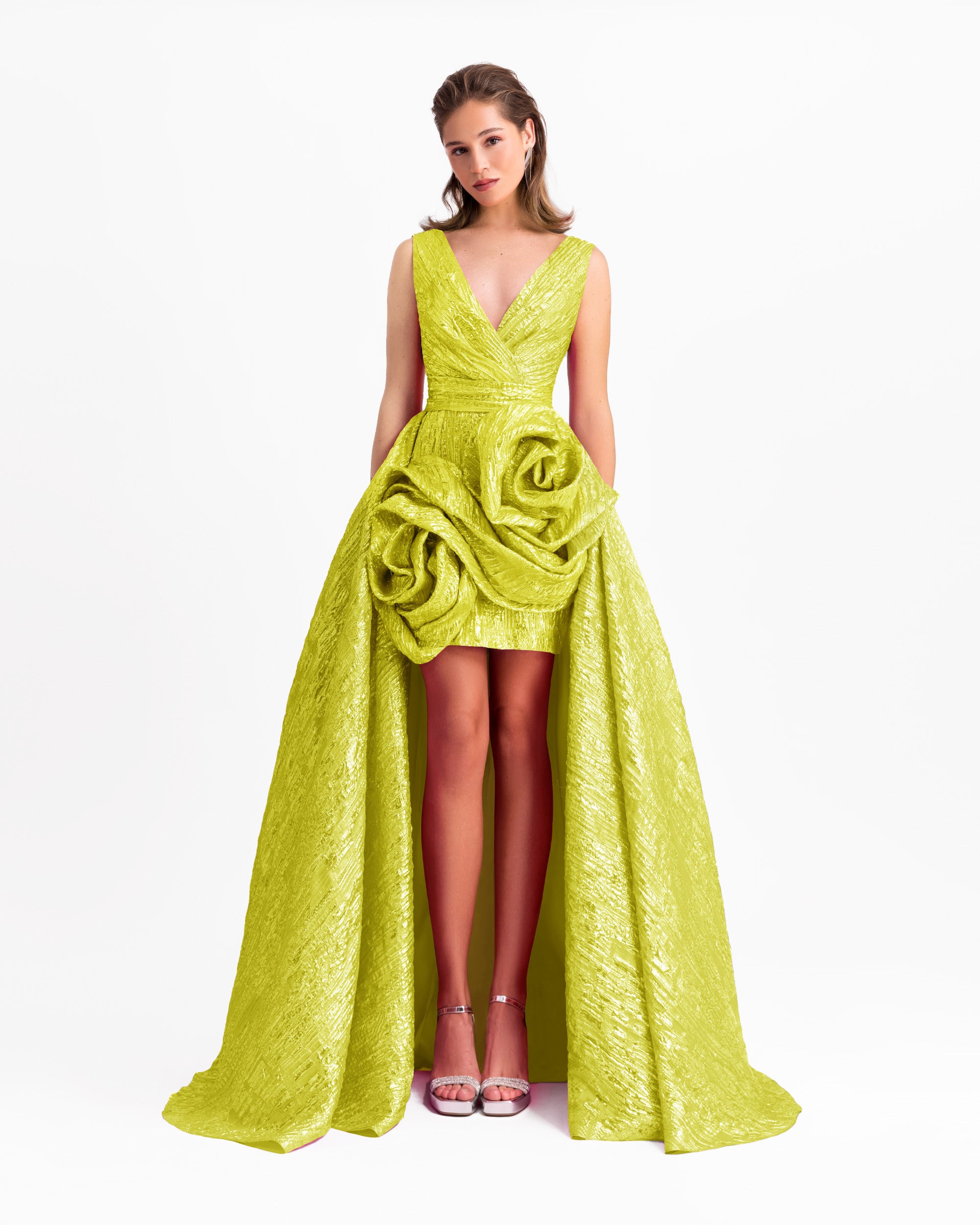 Lime Long Dress With Draped Flowers
