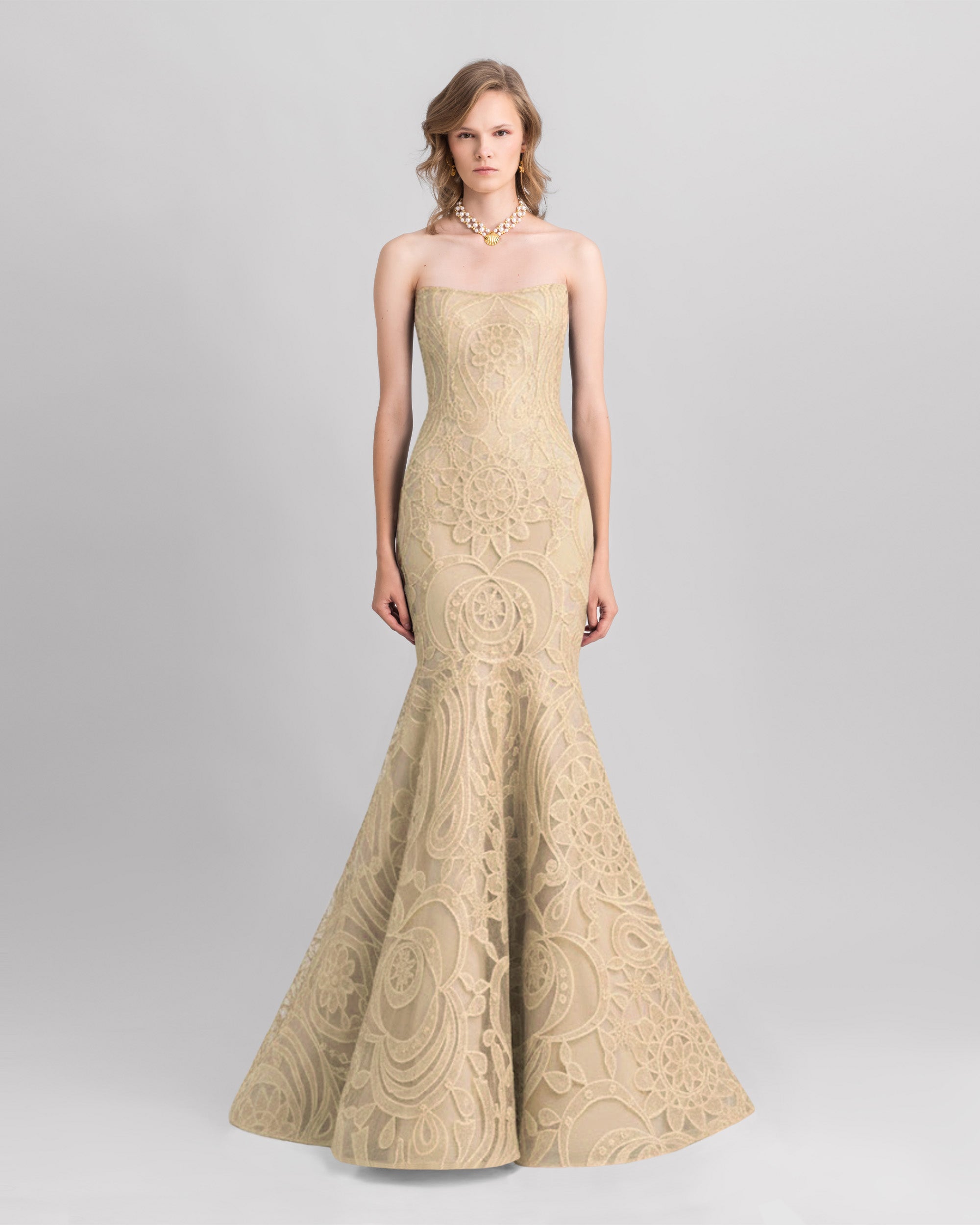 Strapless Mermaid-Cut Lace Dress