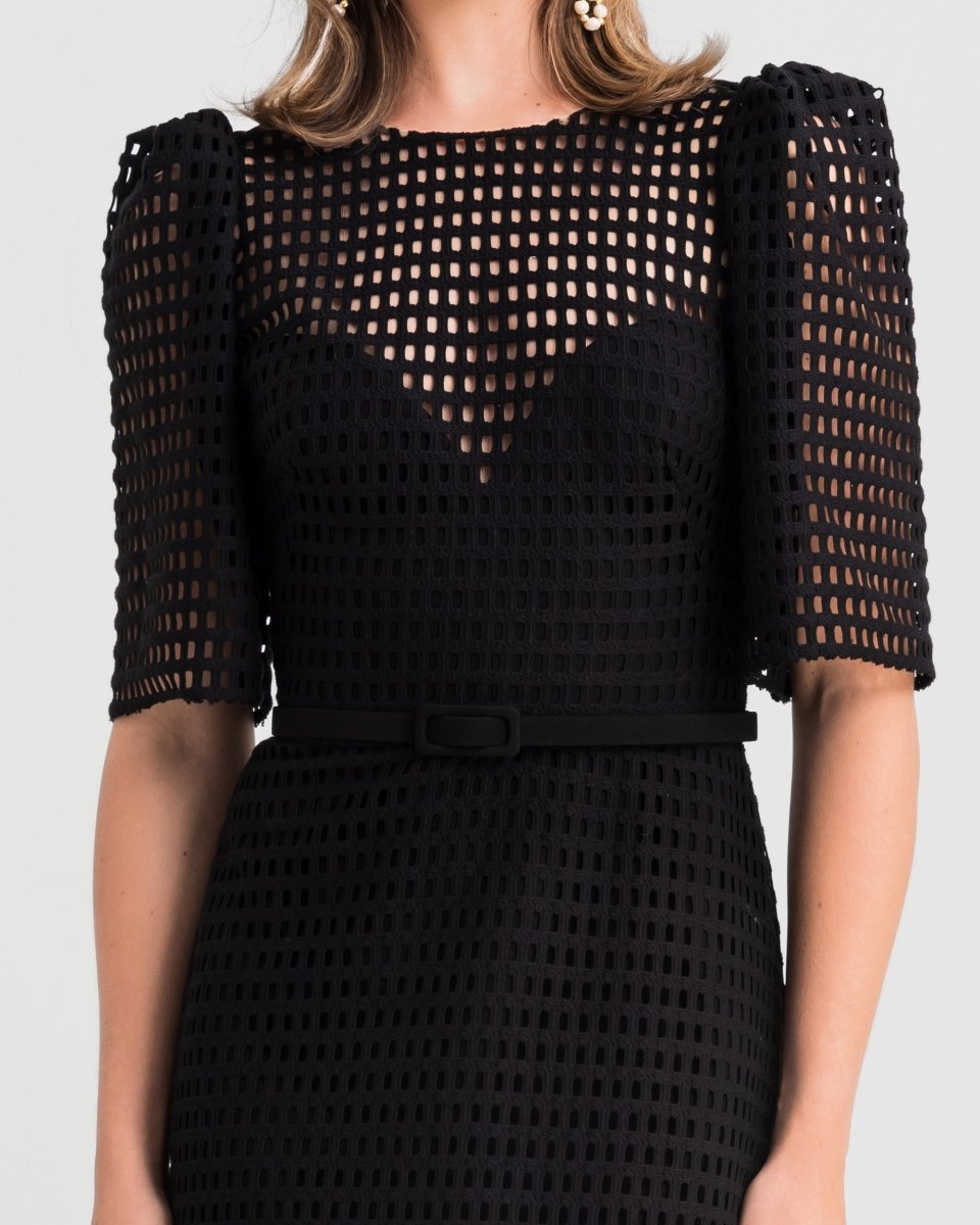 Puffed Shoulders Crochet Midi Dress - Gemy Maalouf