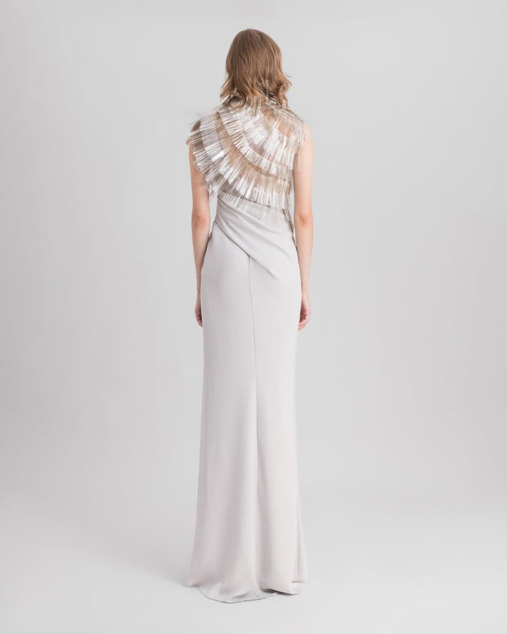 Asymmetrical Neckline Dress With Fringes - Gemy Maalouf