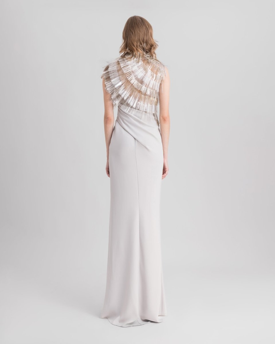 Asymmetrical Neckline Dress With Fringes - Gemy Maalouf