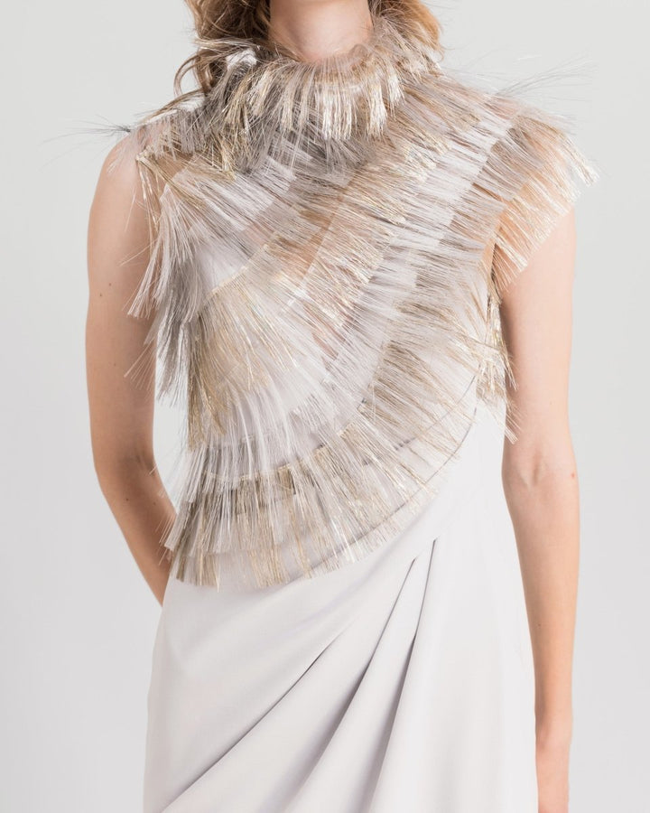 Asymmetrical Neckline Dress With Fringes - Gemy Maalouf