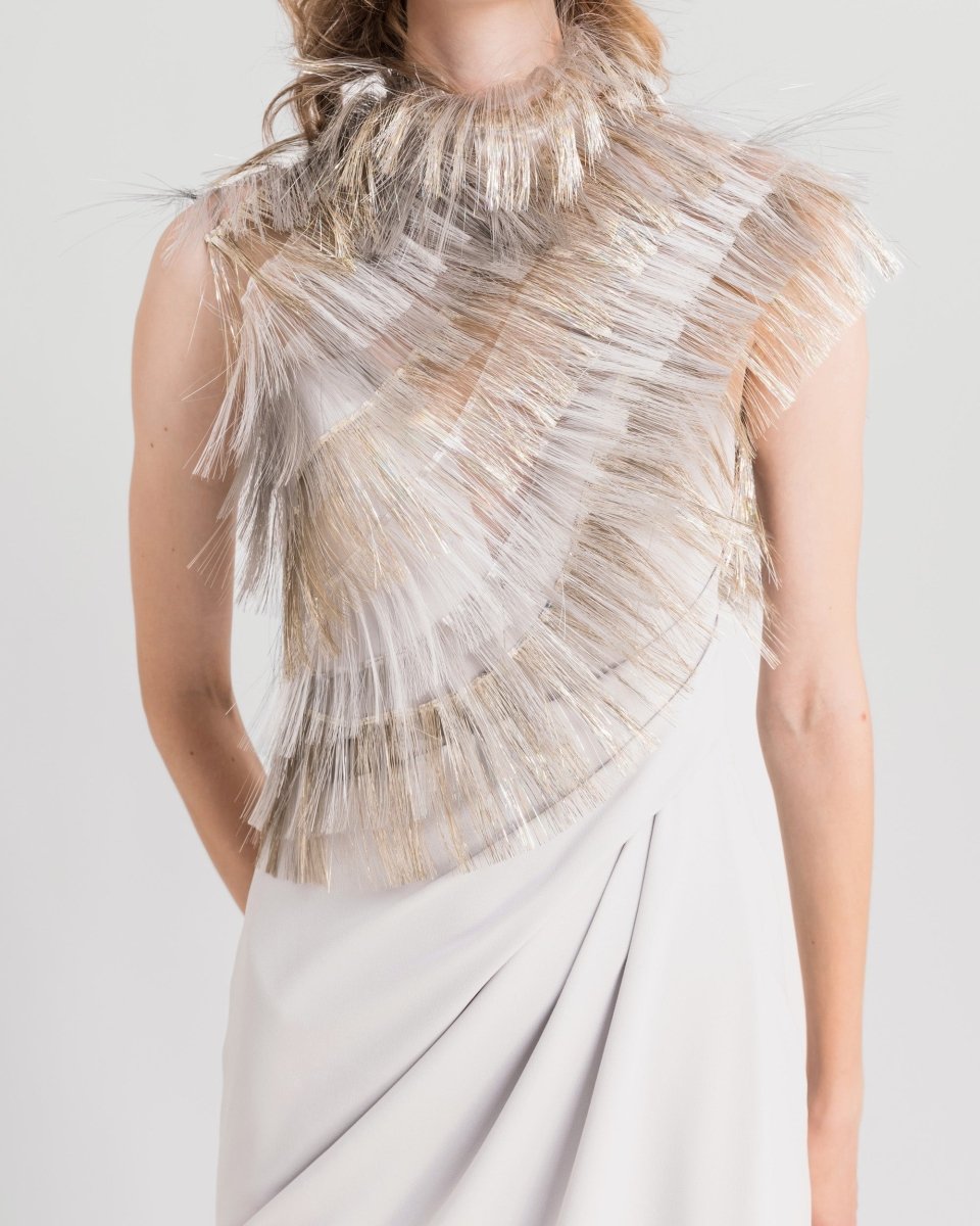 Asymmetrical Neckline Dress With Fringes - Gemy Maalouf