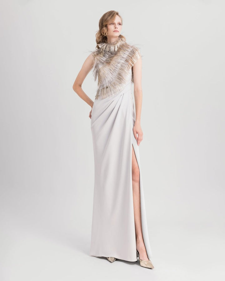 Asymmetrical Neckline Dress With Fringes - Gemy Maalouf