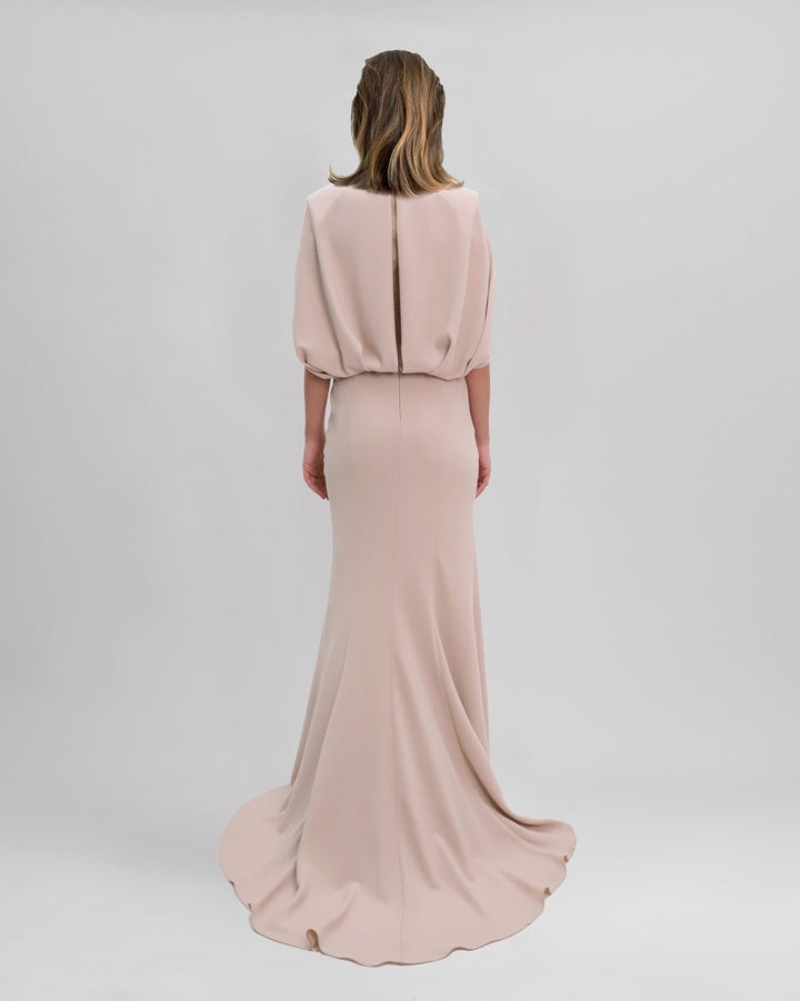 Slim - Cut Nude Dress With Cape Like Sleeves - Gemy Maalouf