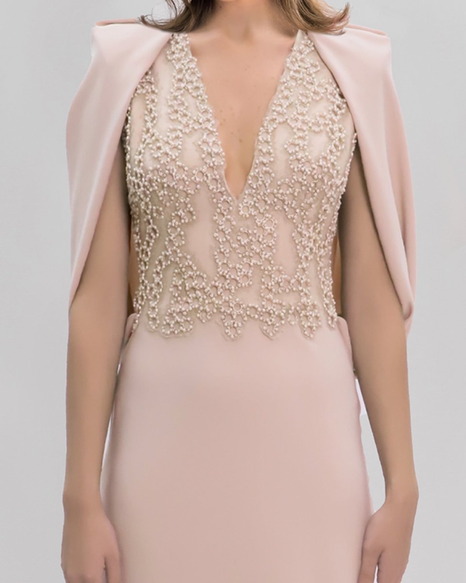 Slim - Cut Nude Dress With Cape Like Sleeves - Gemy Maalouf