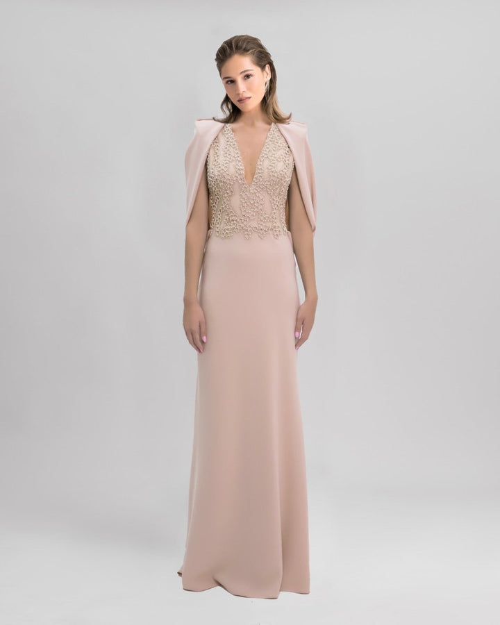 Slim - Cut Nude Dress With Cape Like Sleeves - Gemy Maalouf