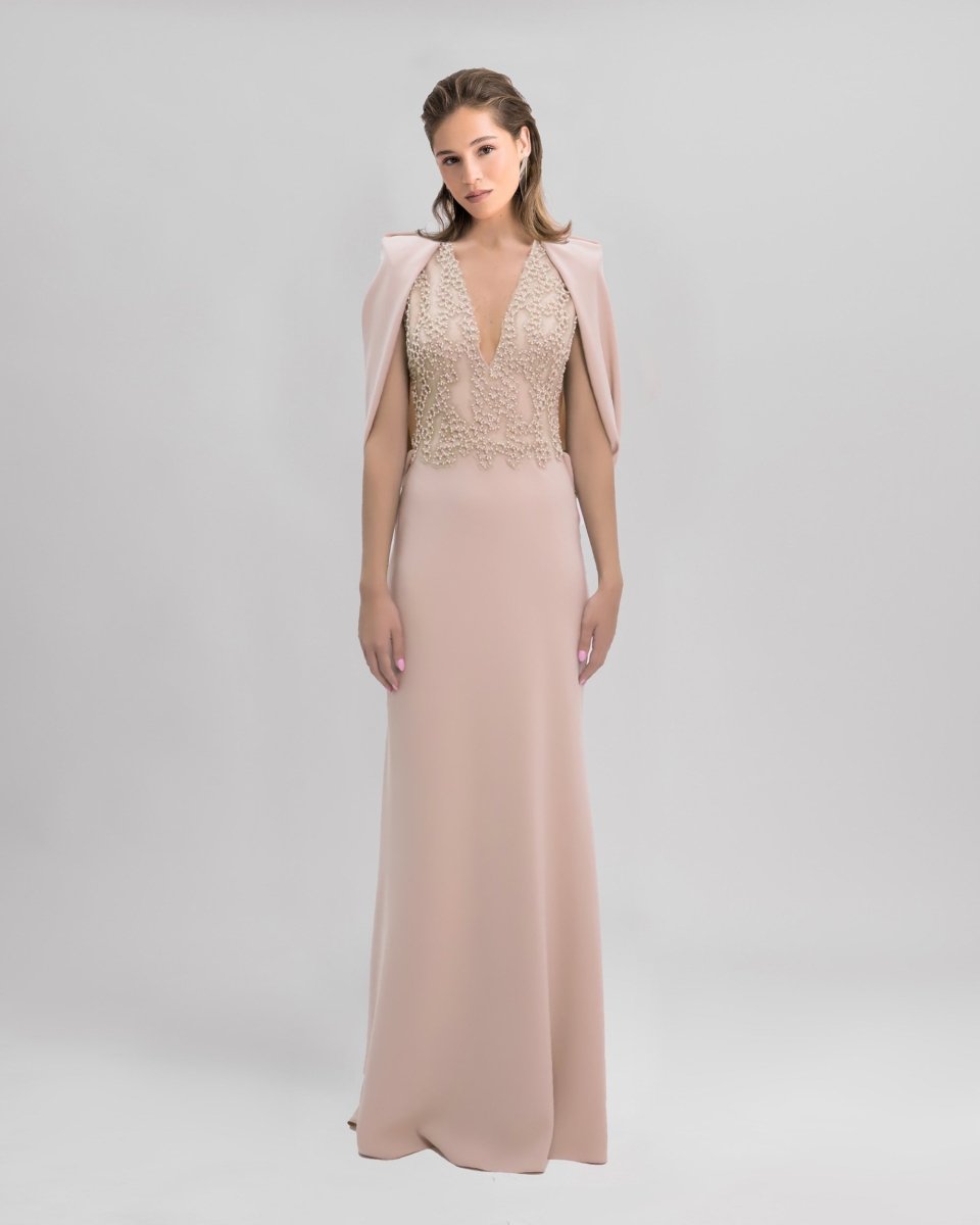 Slim - Cut Nude Dress With Cape Like Sleeves - Gemy Maalouf