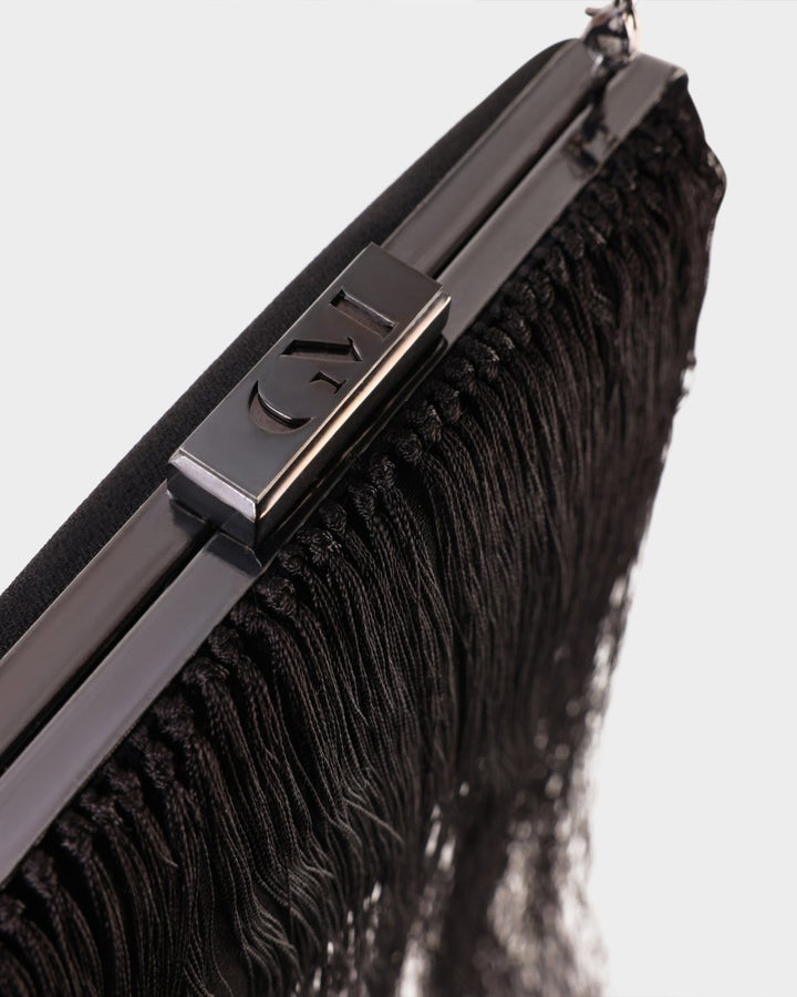 Black And White Clutch With Fringes - Gemy Maalouf