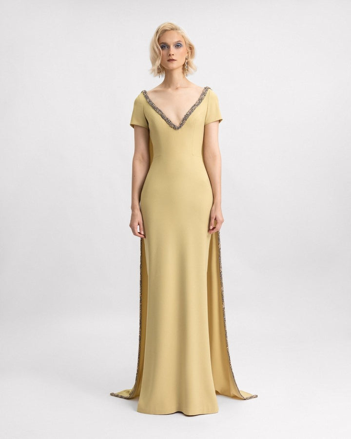 Beaded V - Neckline Dress with Cape - Gemy Maalouf