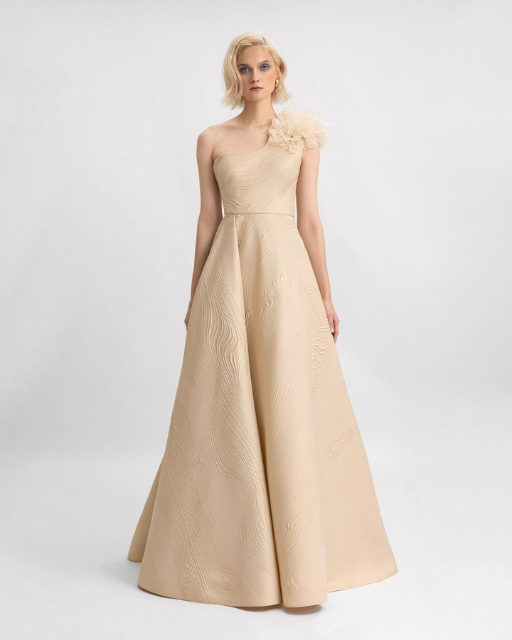 One - Shoulder Dress with 3D Flowers - Gemy Maalouf