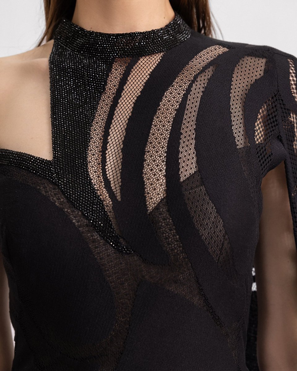 Asymmetrical Neckline Dress with Beaded Corset - Gemy Maalouf