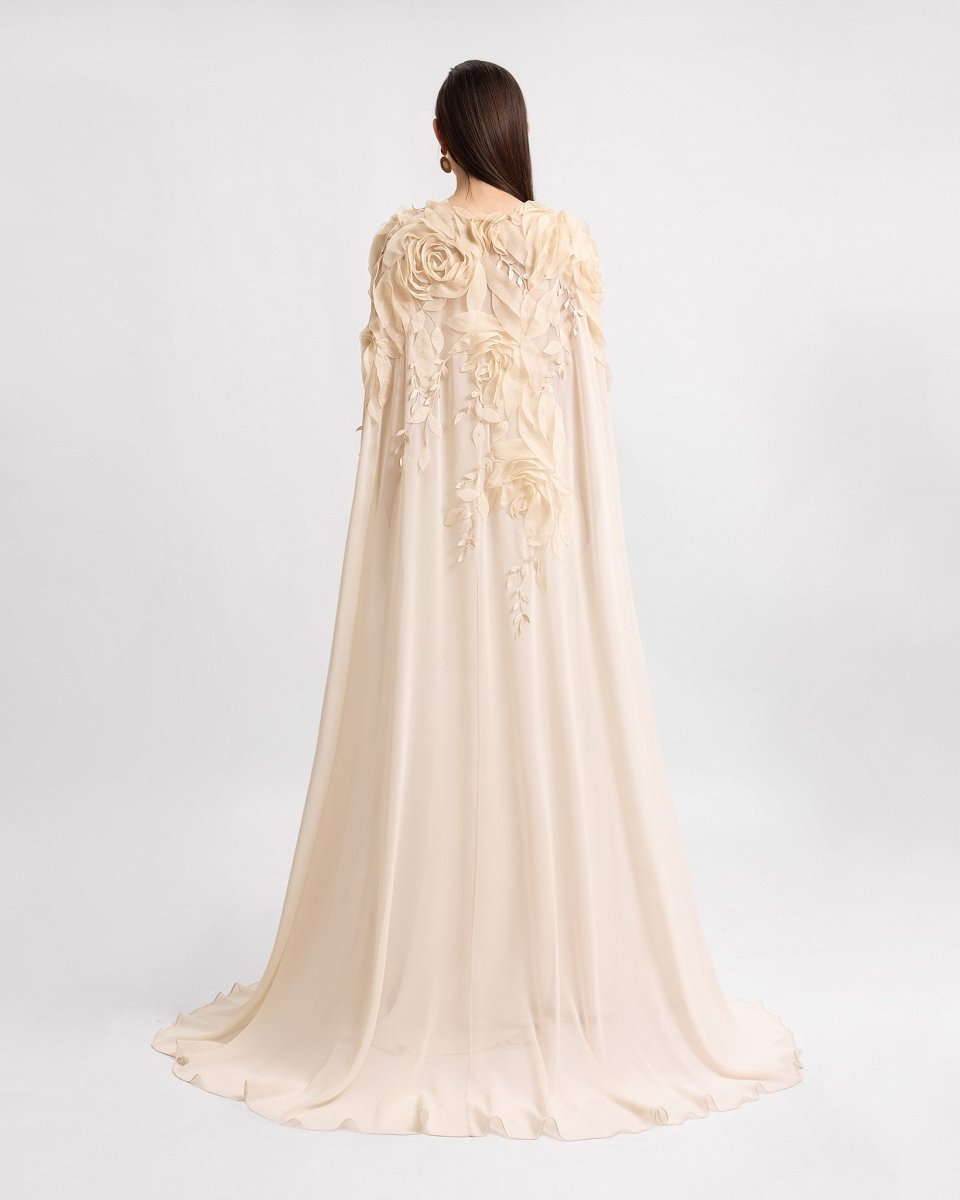 Slim-Cut Dress With Floral Details and Cape – Gemy Maalouf