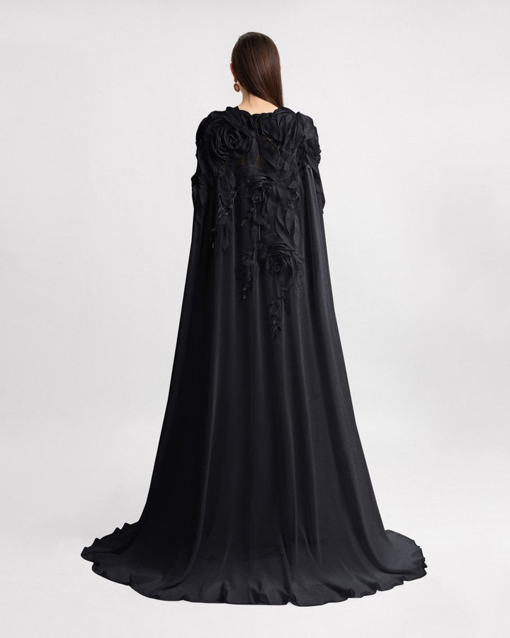 Slim - Cut Dress With Floral Details and Cape - Gemy Maalouf