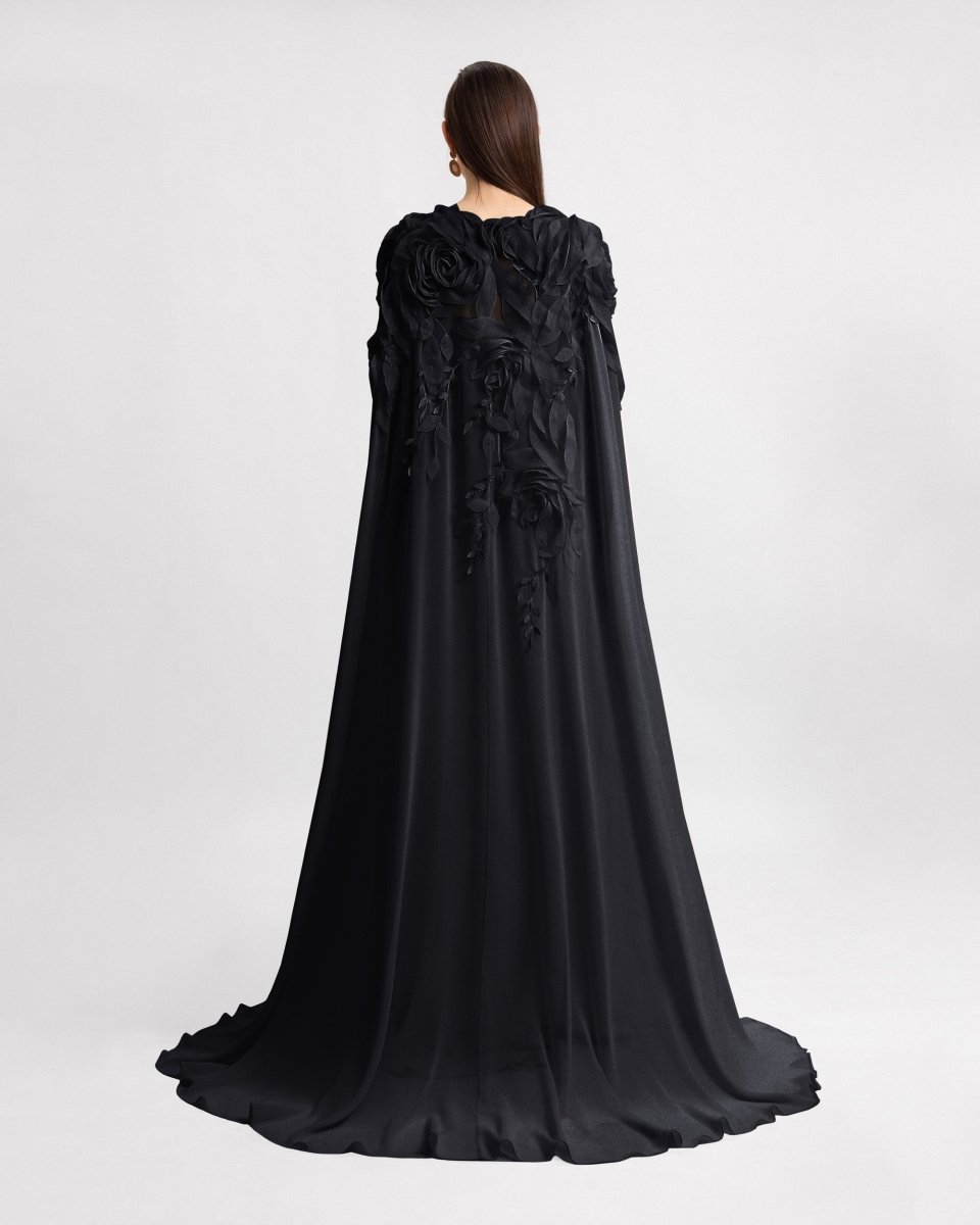 Slim - Cut Dress With Floral Details and Cape - Gemy Maalouf