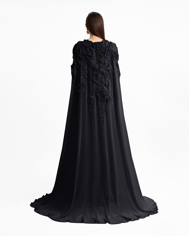 Slim-Cut Dress With Floral Details and Cape