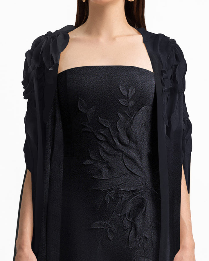 Slim-Cut Dress With Floral Details and Cape