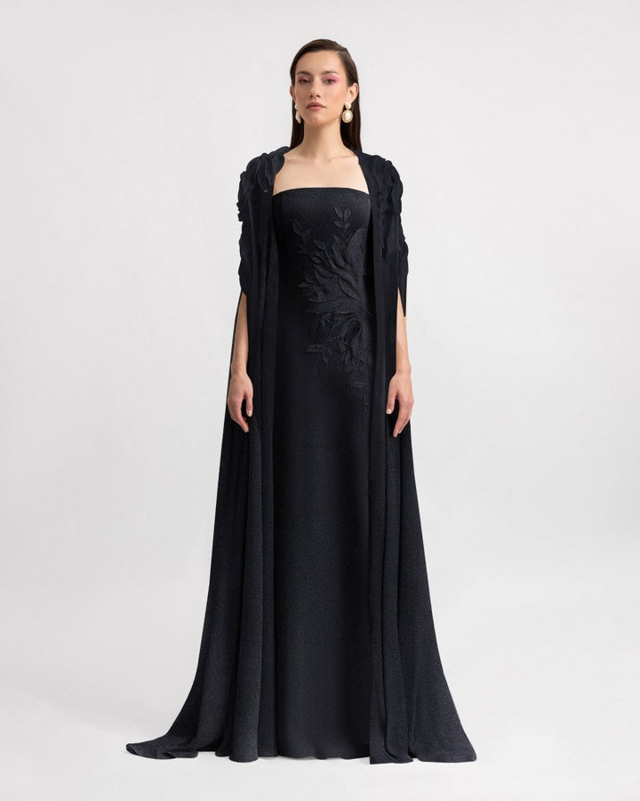 Slim - Cut Dress With Floral Details and Cape - Gemy Maalouf