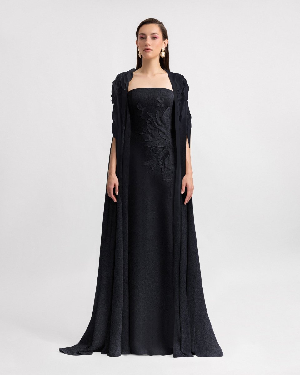 Slim - Cut Dress With Floral Details and Cape - Gemy Maalouf