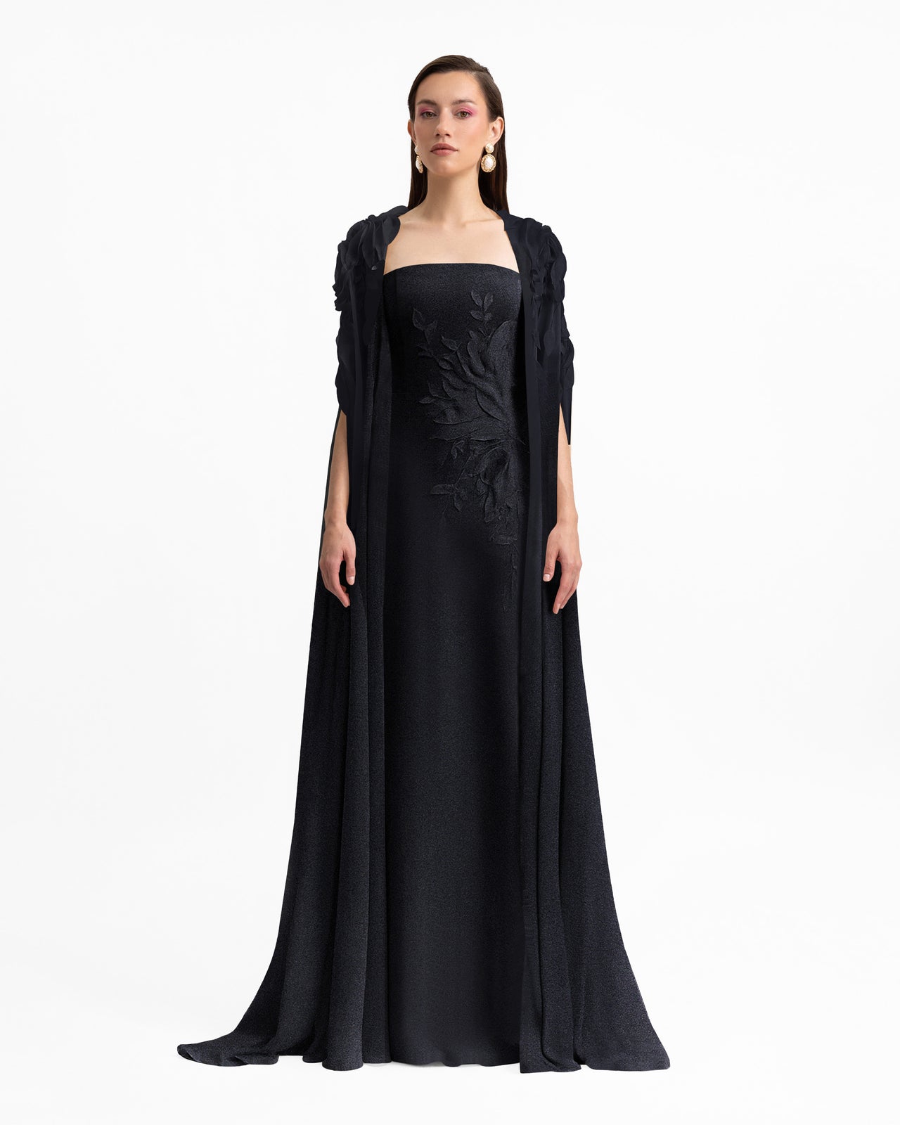 Slim-Cut Dress With Floral Details and Cape