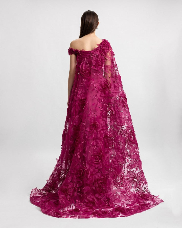 Asymmetrical Dress with Floral Cape - Gemy Maalouf