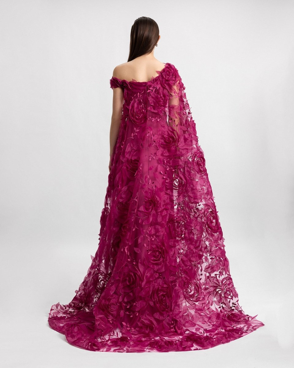 Asymmetrical Dress with Floral Cape - Gemy Maalouf