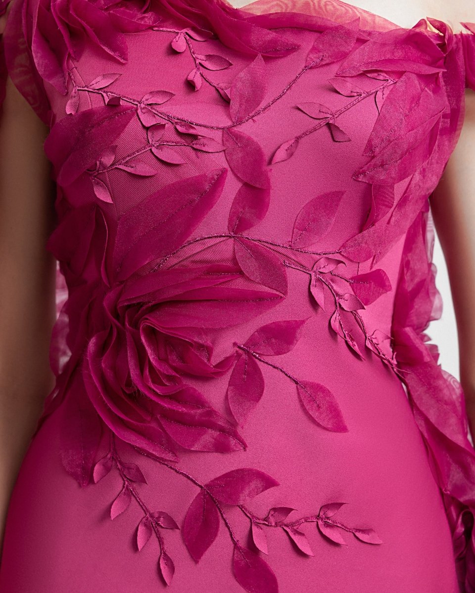 Asymmetrical Dress with Floral Cape - Gemy Maalouf